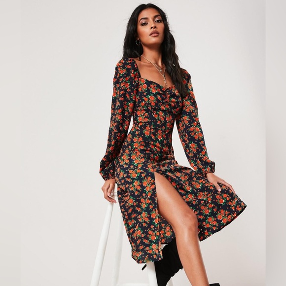 Missguided Dresses & Skirts - Missguided Milkmaid Dark Floral Dress Size 4 Sweetheart Neckline Slit Puffy